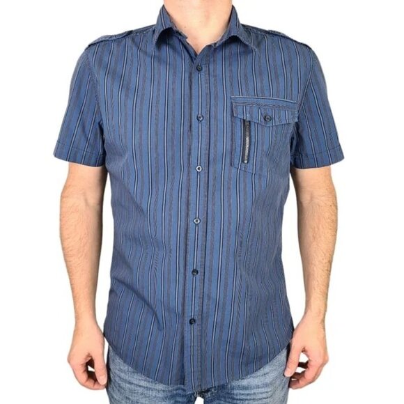 RW&CO Men's Navy Blue Striped Short Sleeve Button Down Shirt Medium - Picture 1 of 16